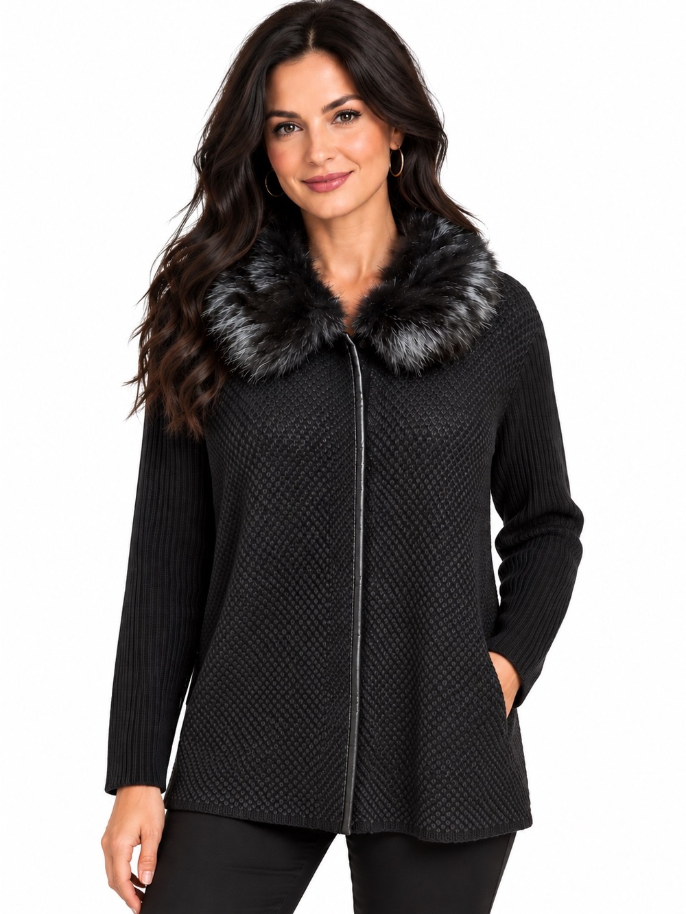 NWT Chicos Black Faux Fur Collar Knit Button Cardigan Large